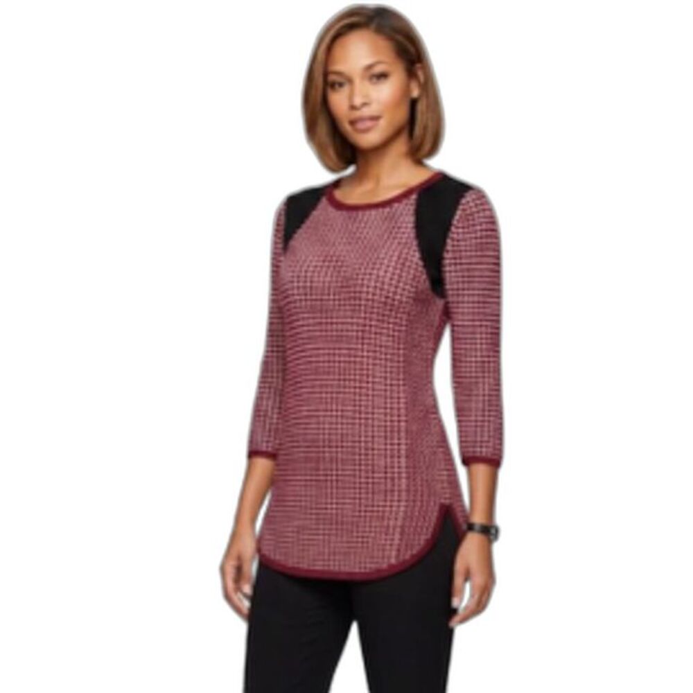 THML Anthropologie Red Ivory Waffle Knit Black Quilted Detail Tunic Sweater Sz M